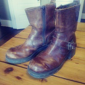 KB & Company Distressed Brown Leather Biker Boots with Harness Buckle